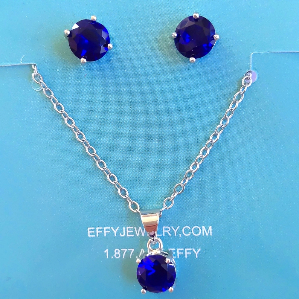 NWT. 925 Sterling Silver Necklace Set Studded with Ceylon Sapphire Stones.